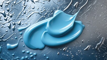 Poster - blue paint on a metallic surface with droplets of water creating a textured background in an artisti