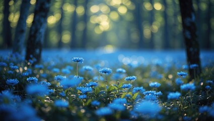Poster - blue wildflowers blooming in a forest with bokeh background and soft natural light creating a serene