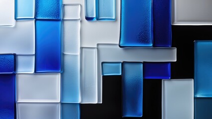 Poster - Blue and clear glass blocks in geometric arrangement with varying textures on a black background