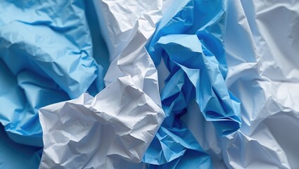 Poster - Crumpled blue and white paper texture background with folds and shadows for abstract design elements
