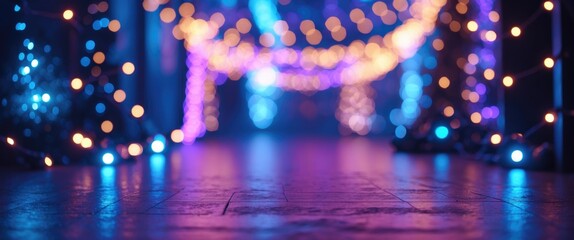 Poster - Colorful bokeh lights decor illuminating a walkway with reflective flooring in a low-light setting