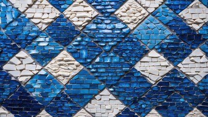 Poster - blue and white decorative mosaic tile pattern arranged in a diamond shape texture background