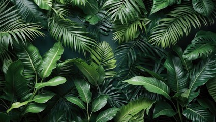 Poster - Tropical green leaf background texture with various foliage types ideal for use as a nature-themed design element Copy Space