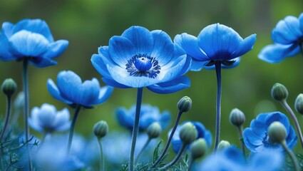 Poster - Vibrant blue anemone flowers in a lush green field with soft focus background depicting natural beauty and vivid colors.