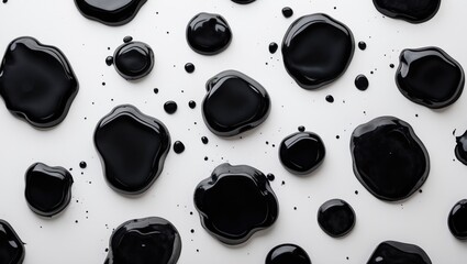Poster - Black paint drops on white background with different sizes and shapes creating a scattered artistic pattern