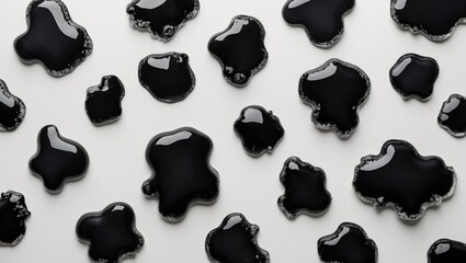 Poster - Black paint drops on a white surface in various organic shapes showcasing the fluidity and texture of the paint.