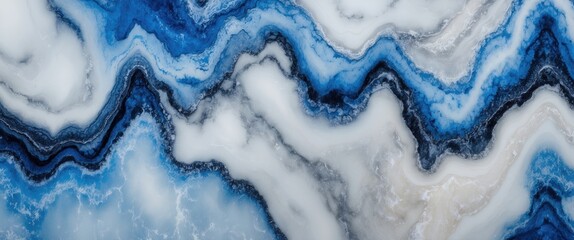 Poster - blue and white abstract marble texture with wavy patterns and smooth gradients in natural stone desi
