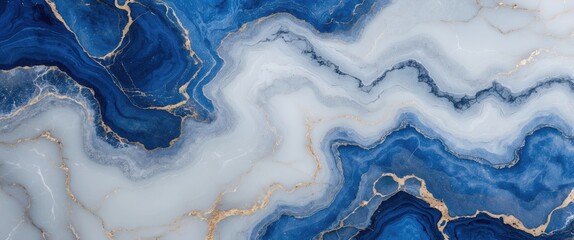 Poster - blue and white agate stone pattern with golden accents forming undulating waves and layers in a natu