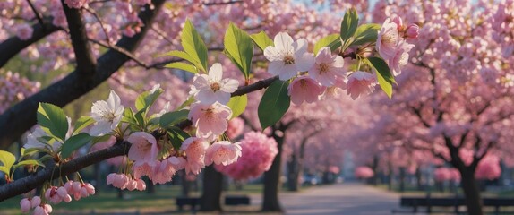 Poster - Cherry blossom trees in full bloom along a park pathway with pink flowers and green leaves on a sunny day