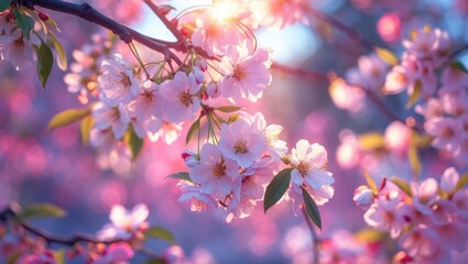 Poster - Cherry blossom tree branches with soft pink flowers illuminated by sunlight in a serene garden setting during spring season.
