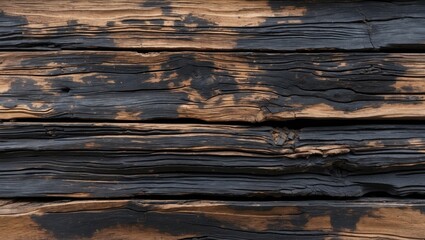 Poster - textured wooden surface with charred and weathered blackened sections and natural wood grain pattern