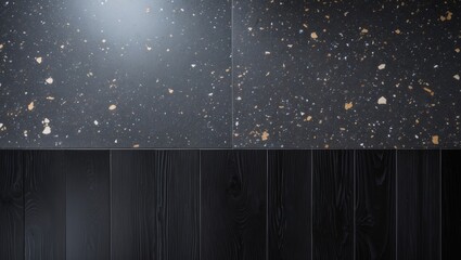 Poster - black and gray speckled countertop surface with textured dark wooden floor underneath in modern inte