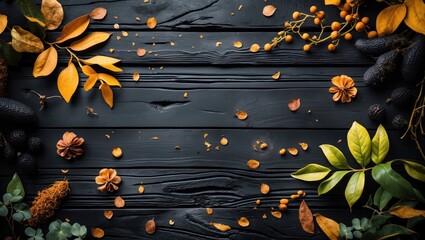 Wall Mural - Autumn leaves and natural elements arranged on dark wooden surface flat lay composition with scattered petals and flowers