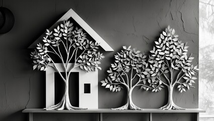 Poster - Paper art composition of a house and three trees crafted with leaves, set against a textured gray wall. Decorative home interior design concept.
