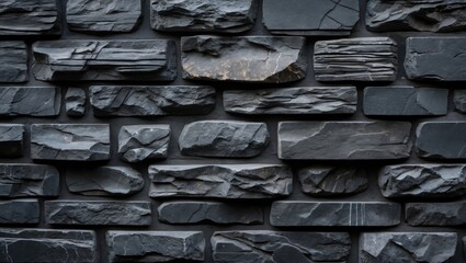 Poster - Black textured stone wall with irregularly shaped dark stones arranged in a structured pattern enhancing architectural design elements