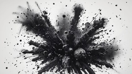Poster - black powder explosion artistic background with dynamic splatter effects on a white surface