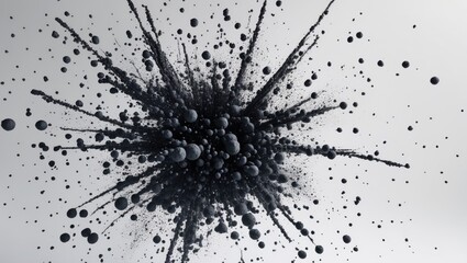 Poster - Black paint explosion with splatters and particles on a light background creating an abstract artistic effect