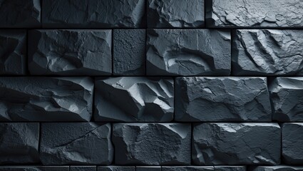 Poster - textured dark gray stone wall with a rough surface and irregularly shaped blocks in a continuous pat