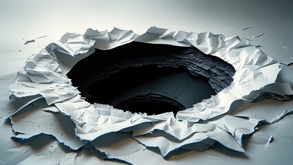 Poster - Crumpled paper hole in a flat surface creating a 3D illusion of depth and shadow with dark interior and textured edges