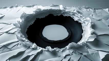 Poster - Circular hole formed in textured white paper with frayed edges revealing a dark background.