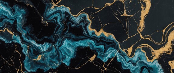 Poster - abstract marble texture with blue and gold veins on a black background suitable for backgrounds and 