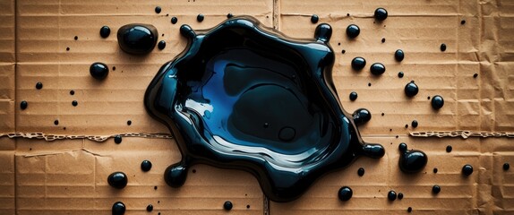 Poster - Black paint spill on cardboard surface with various droplets and a glossy texture showcasing reflections and depth.