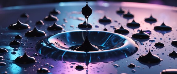 Poster - Water droplets creating dynamic patterns on a dark reflective surface with colorful lighting in the background.