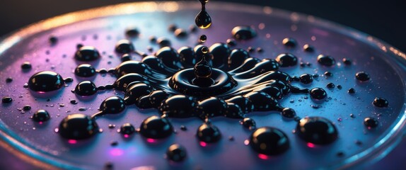 Poster - black liquid splashing on surface with colorful reflections and water droplets in macro photography 
