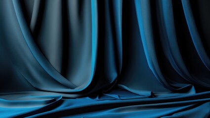 Poster - Blue silk drapery fabric with soft folds and flowing texture creating a smooth background for stage or artistic presentations.