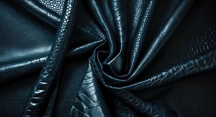 Poster - dark textured leather fabric with ripples and highlights reflecting light in a close-up view.
