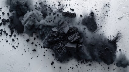 Poster - Black charcoal dust and smoke on a white textured background creating an abstract pattern of organic shapes and textures.