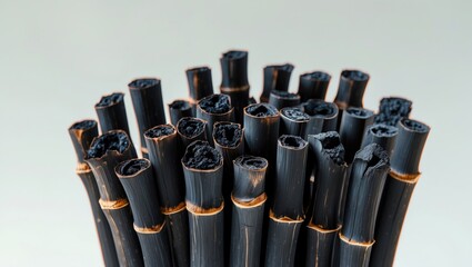 Poster - Close-up view of charred bamboo sticks arranged closely with hollow tops on a light background
