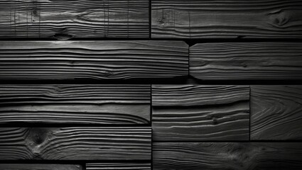Poster - Black wooden texture background with horizontal planks displaying natural grain patterns and grooves in a dark aesthetic design