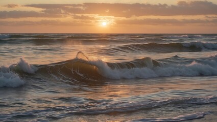 Aufkleber - Sunset over ocean waves with dramatic sky reflecting warm colors and foam near shoreline Copy Space