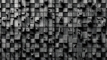 Poster - abstract wooden wall texture with variously sized dark wood blocks in a patterned arrangement