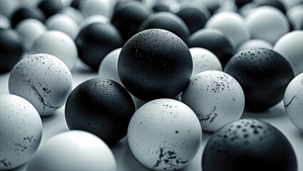 Poster - Black and white textured spheres scattered on a flat surface creating a dynamic monochrome composition