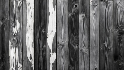 Wall Mural - Black and white weathered wooden planks in vertical arrangement with visible knots and texture for background or surface design