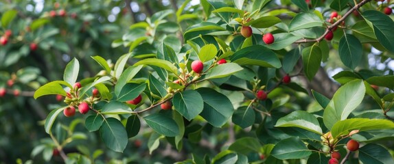 Sticker - Branch of a fruiting plant with green leaves and ripe red berries, natural setting, Copy Space available