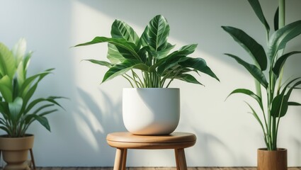 Poster - indoor greenery with tropical plants in modern pots on wooden floor, bright sunlight casting shadows