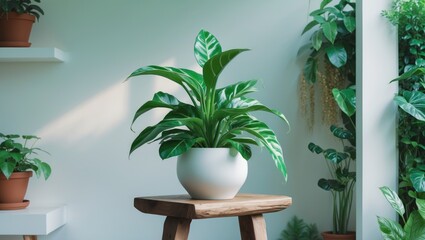 Poster - large green potted plant on wooden stool in modern indoor setting with additional plants and light b