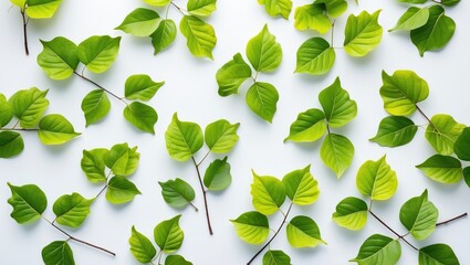 Poster - variety of green leaves laid out on white background for natural and organic themes copy space