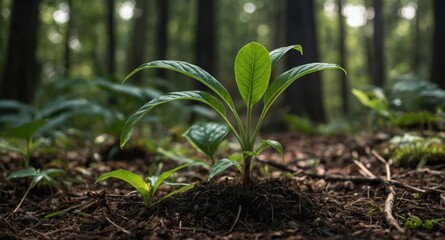 Poster - Young green plant sprouting from soil in a lush forest environment with soft lighting and ample foliage surrounding it Copy Space