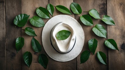 Aufkleber - Hat surrounded by green leaves on a wooden surface with a leaf placed inside the hat Copy Space