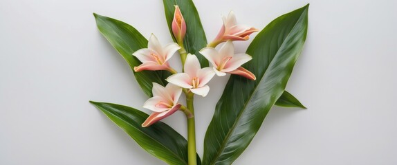 Wall Mural - Pink and white flowers with green leaves on a light background suitable for presentations and floral designs Copy Space