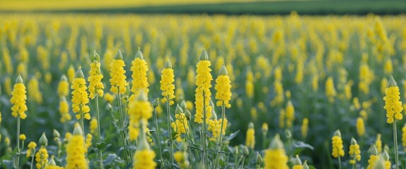 Poster - Vibrant field of yellow flowers with a blurred green background suitable for use as a natural landscape image Copy Space