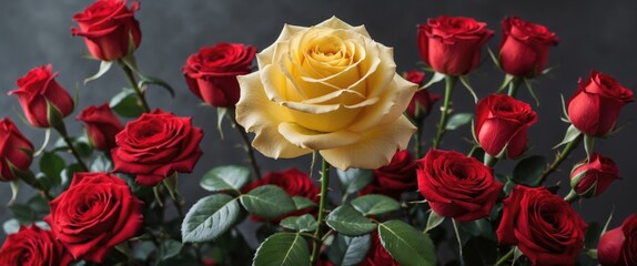 Poster - Yellow rose surrounded by red roses on a dark background with green foliage Copy Space