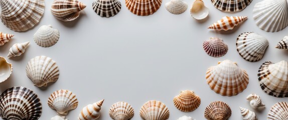 Poster - Various sea shells arranged in a circular pattern on a light background with ample Copy Space in the center for text placement