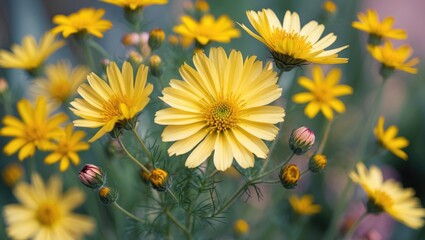 Poster - Close-up of yellow wildflowers in a garden with green foliage background and blurred flowers, featuring various flower sizes and buds, Copy Space