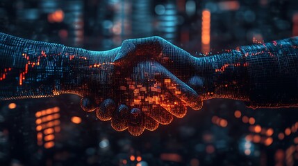 Fototapete - A conceptual representation of a strategic investment, showcasing a business handshake infused with AI-driven financial projections, glowing stock market graphs, cyber-futuristic skyscrapers,