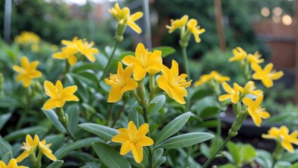 Poster - Vibrant yellow flowers blooming in a garden setting with blurred background and ample space for text Copy Space